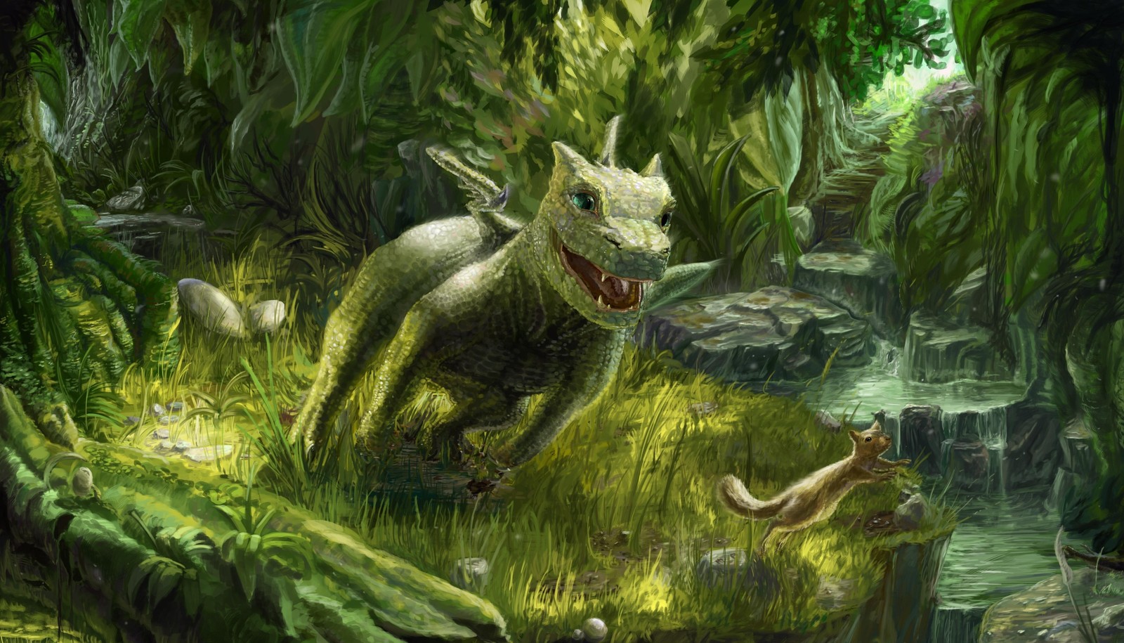 A painting of a dragon and a squirrel in a forest (dragon, natural environment, jungle, forest, terrestrial plant)