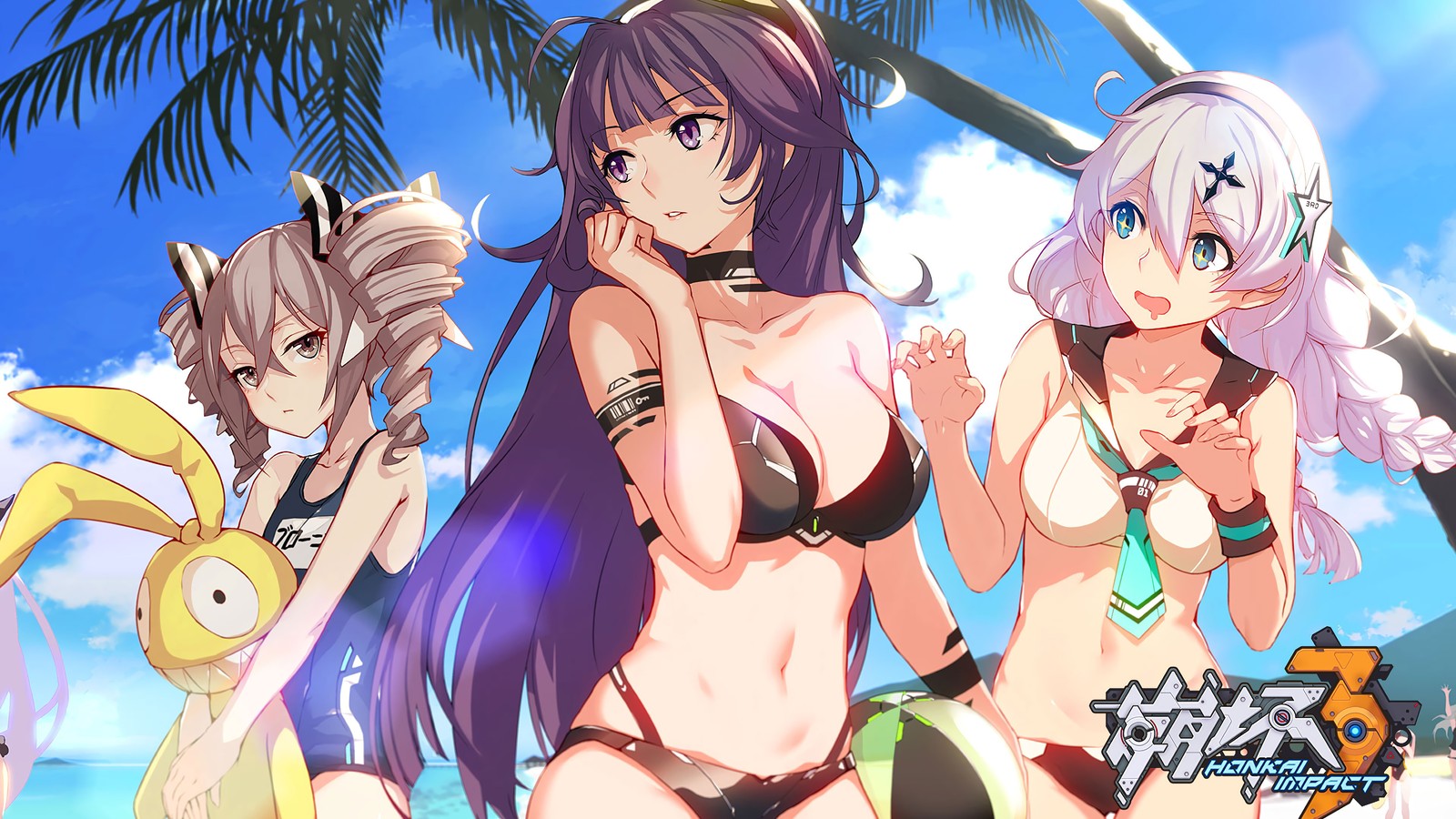 Un groupe de filles anime en bikinis se tenant côte à côte (filles danime, anime, plage, été, bikini)