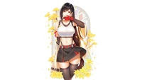 Tifa Lockhart em uma pose dinâmica com folhas de outono - Arte de Final Fantasy VII Remake