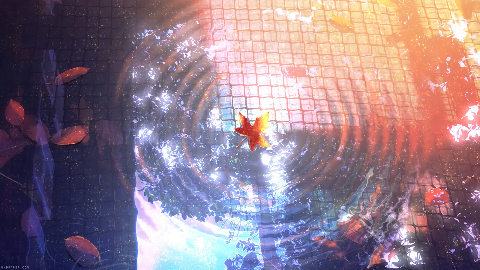 maple, leaf, water, ripple, anime Download Wallpaper