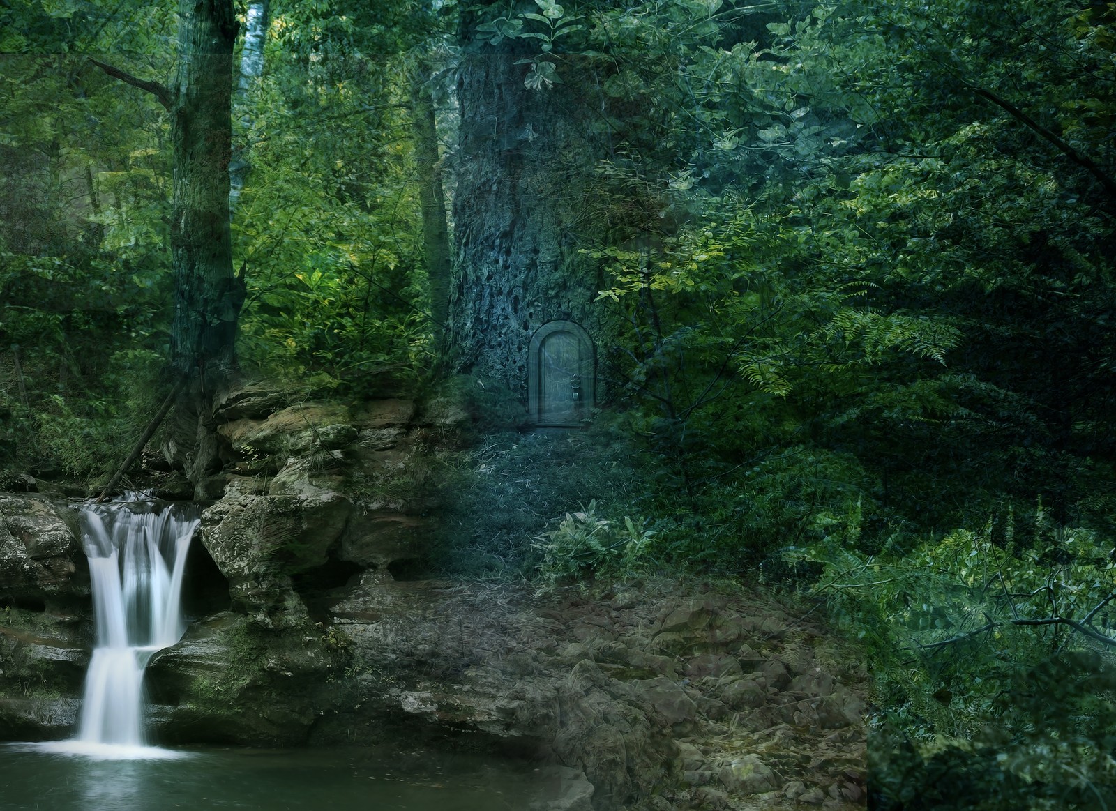 There is a waterfall in the middle of a forest with a statue in the middle (body of water, nature, vegetation, nature reserve, watercourse)