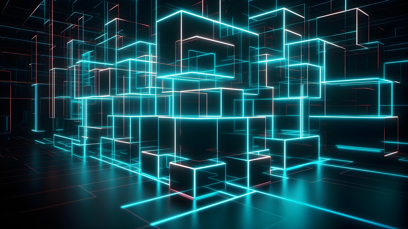 neon, cubes, maze, dark room, glowing lights wallpaper