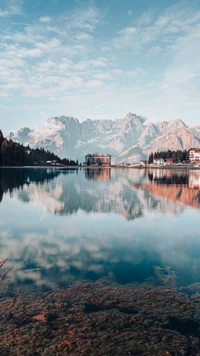 Tranquil Reflection of Majestic Mountains in a Serene Lake