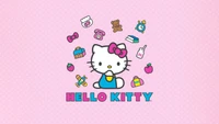 Hello Kitty Surrounded by Cute Icons on a Pink Polka Dot Background