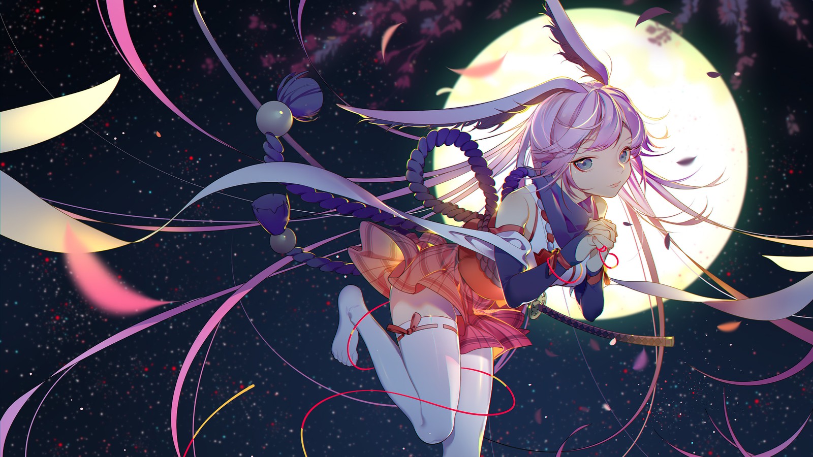 Anime, fille, cheveux longs, volant, lune, nuit, étoiles (filles danime, anime, yae sakura, honkai impact 3rd, jeu vidéo)