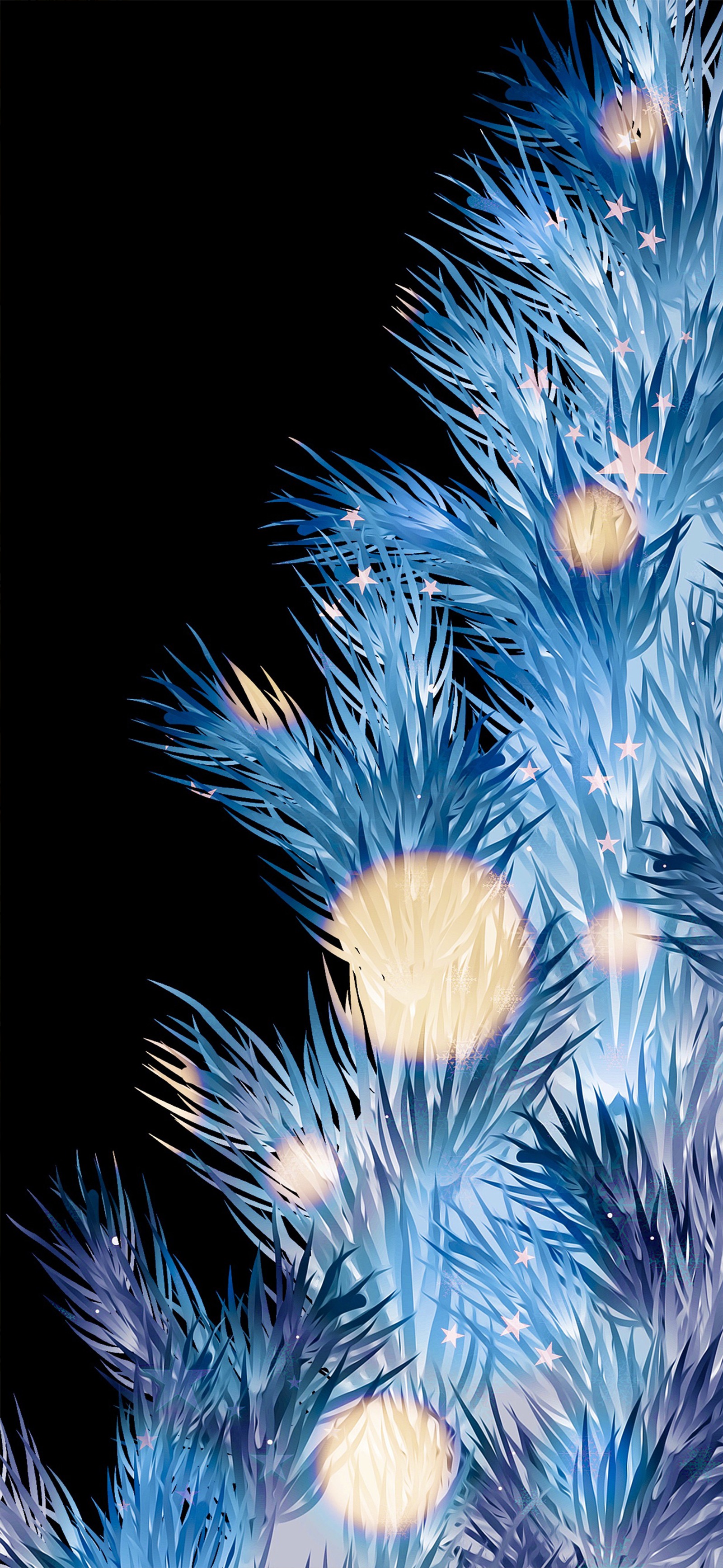 Il y a un sapin de noël bleu avec des lumières blanches et un fond noir (nouvel an, noël, sapin de noël, bleu, art)