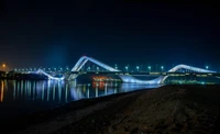 abu dhabi, architecture, bridge, night, water