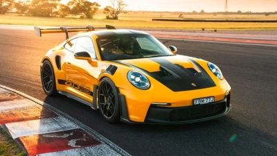 Porsche 911 GT3 RS с пакетом Weissach на гоночной трассе на закате