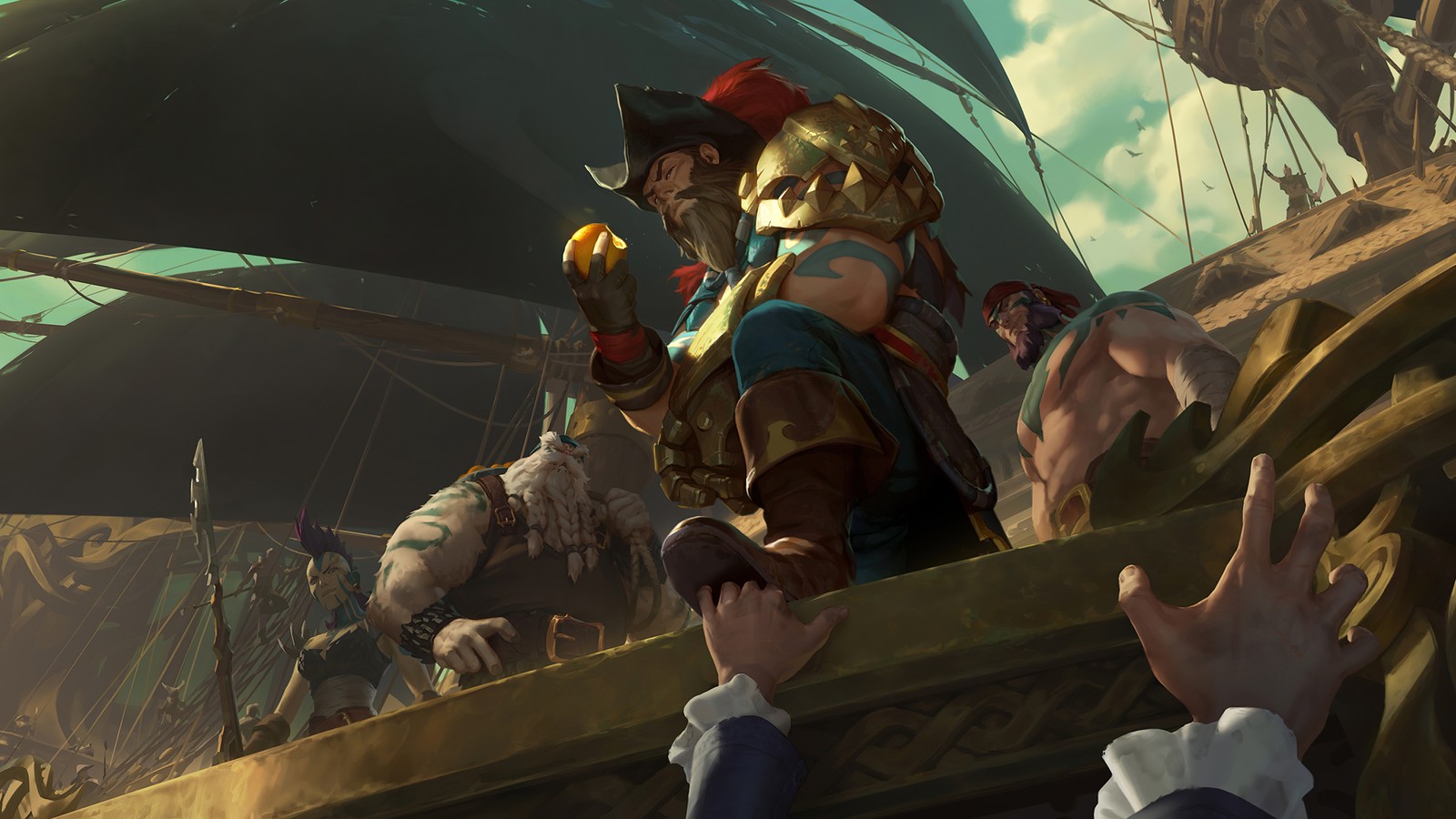 Un hombre con un disfraz de pirata está de pie en un barco con una espada (pasarela, lol, league of legends, legends of runeterra, videojuego)