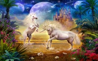 Majestic Unicorns Play Under a Starry Sky Near a Magical Castle