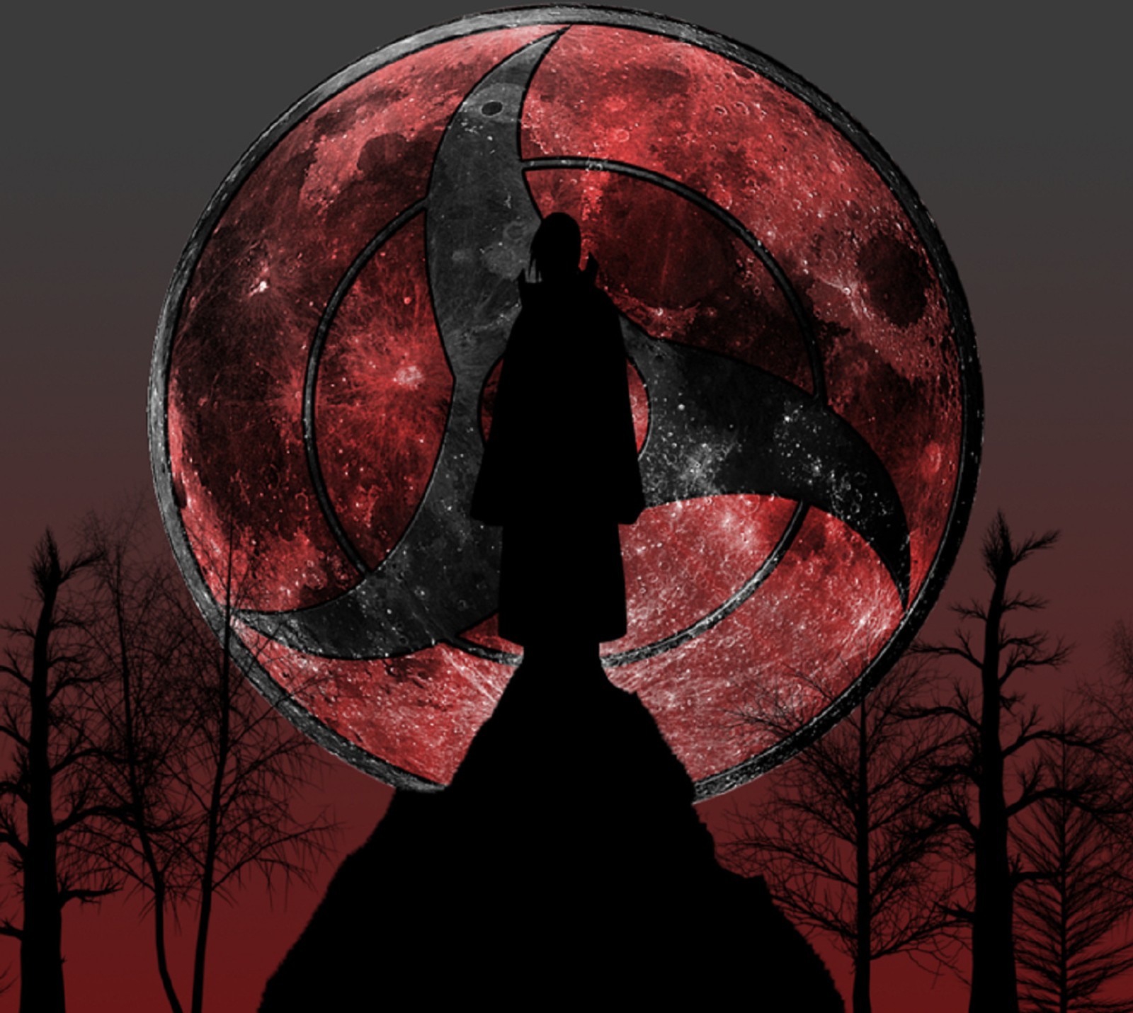 Image arabe d'une personne se tenant sur un rocher avec une lune rouge en arrière-plan (itachi, madara, lune, naruto, obito)