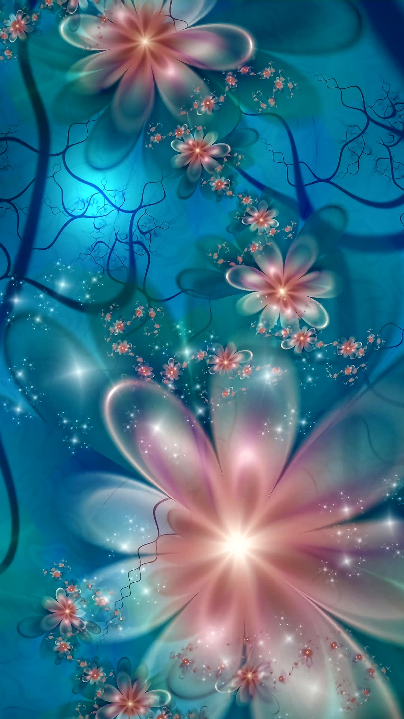 Flowers and vines in a blue background with stars (blue, dream)