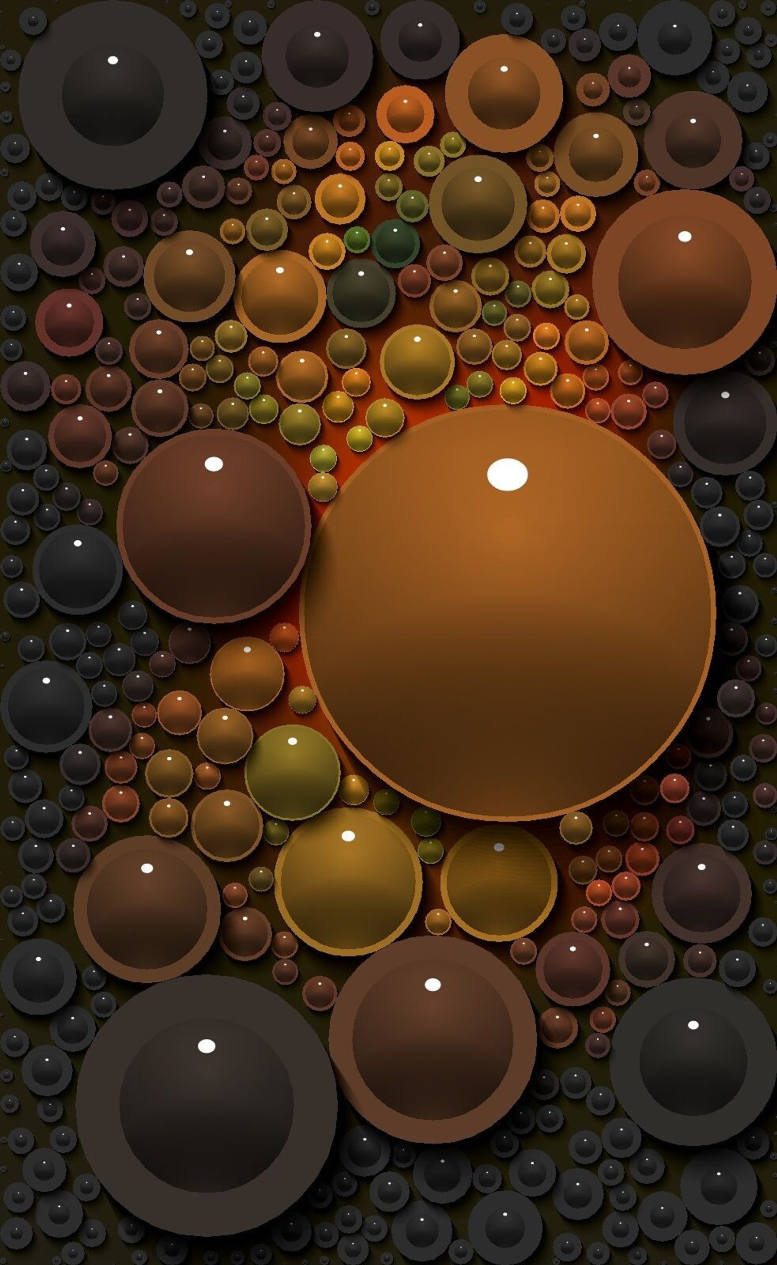 There is a large orange sphere surrounded by many smaller brown spheres (effects, purple, best, gray, 3d)