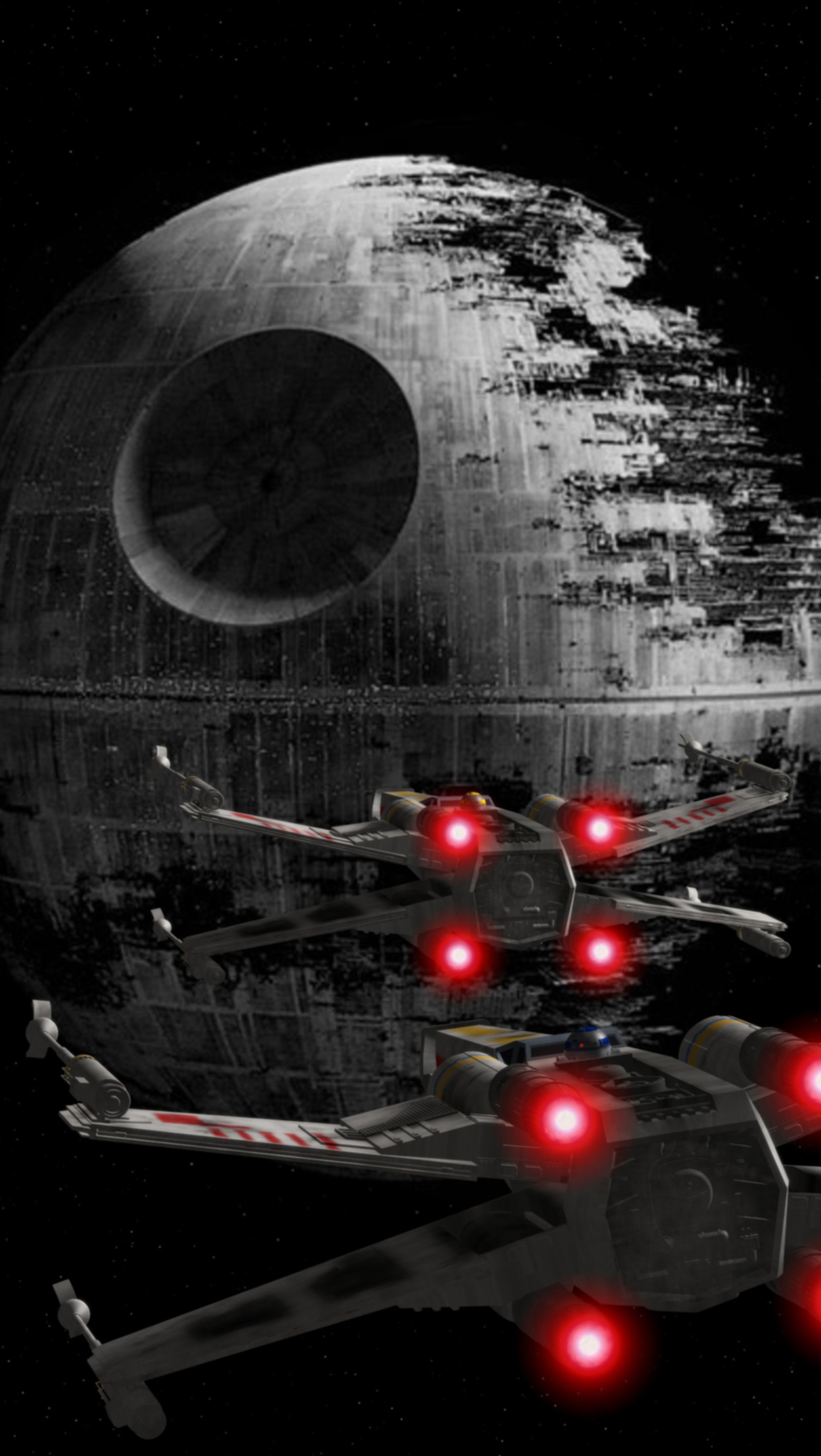 Star wars death star with red lights flying in the sky (darkdroid, darth vader, death star, star wars)