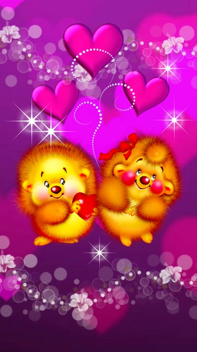 Adorable Couple with Hearts in a Romantic Purple Background