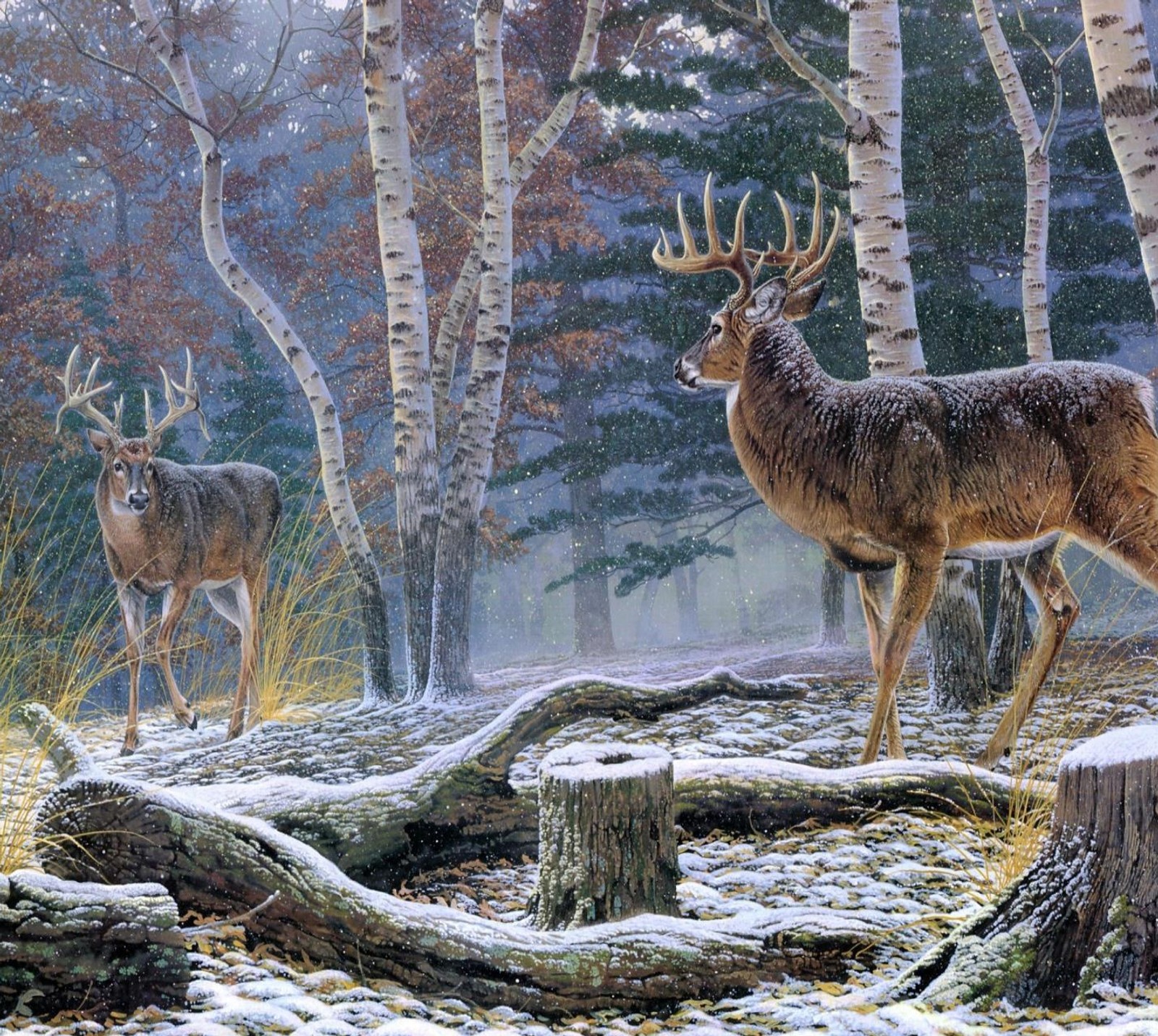 Pintura de dos ciervos en un bosque nevado con árboles (bosque, pintura, nieve, invierno, madera)