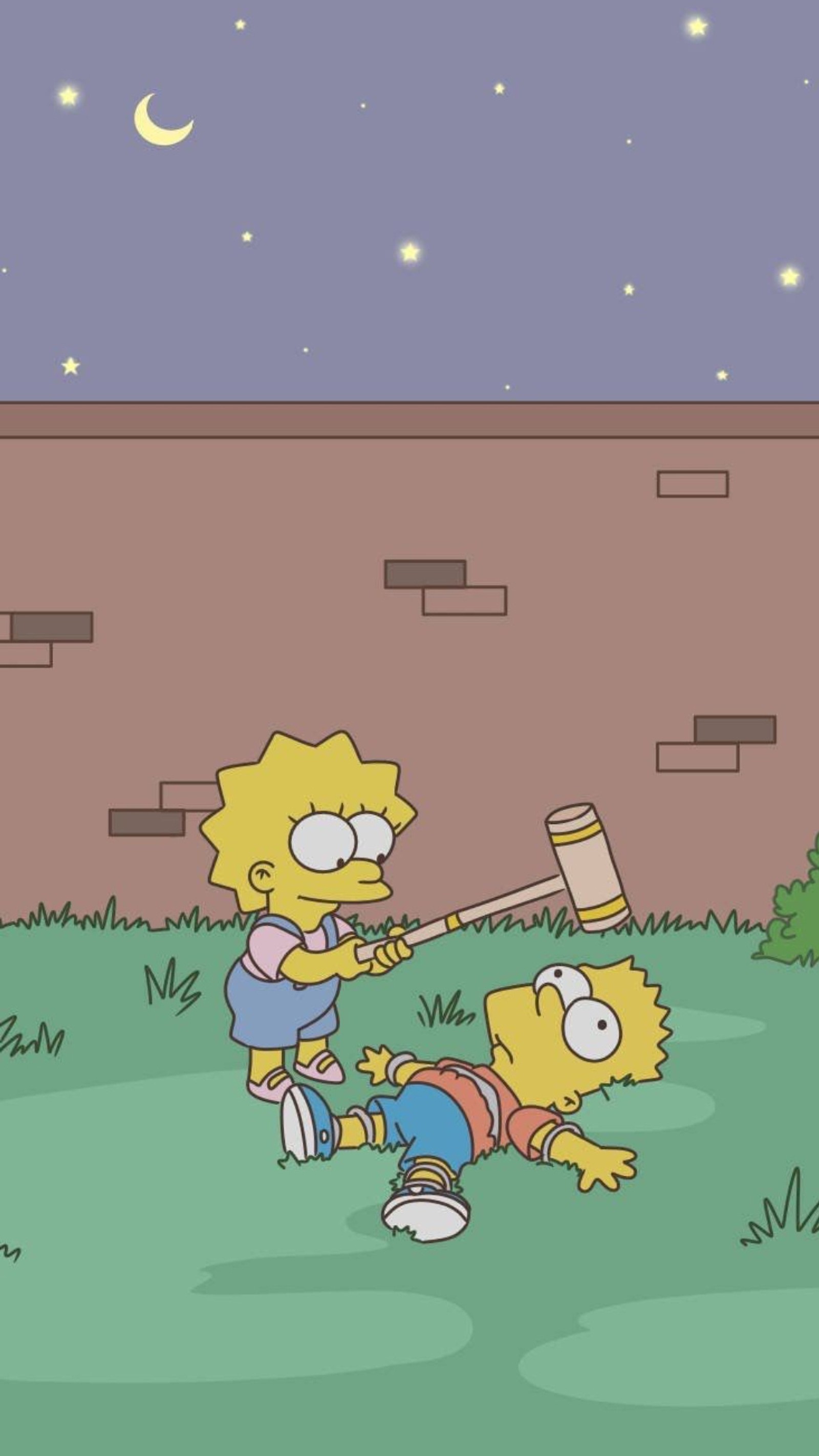 Los simpsons y su amigo están jugando en el jardín por la noche (lisa, hermano, hermana, caricatura, lindo)