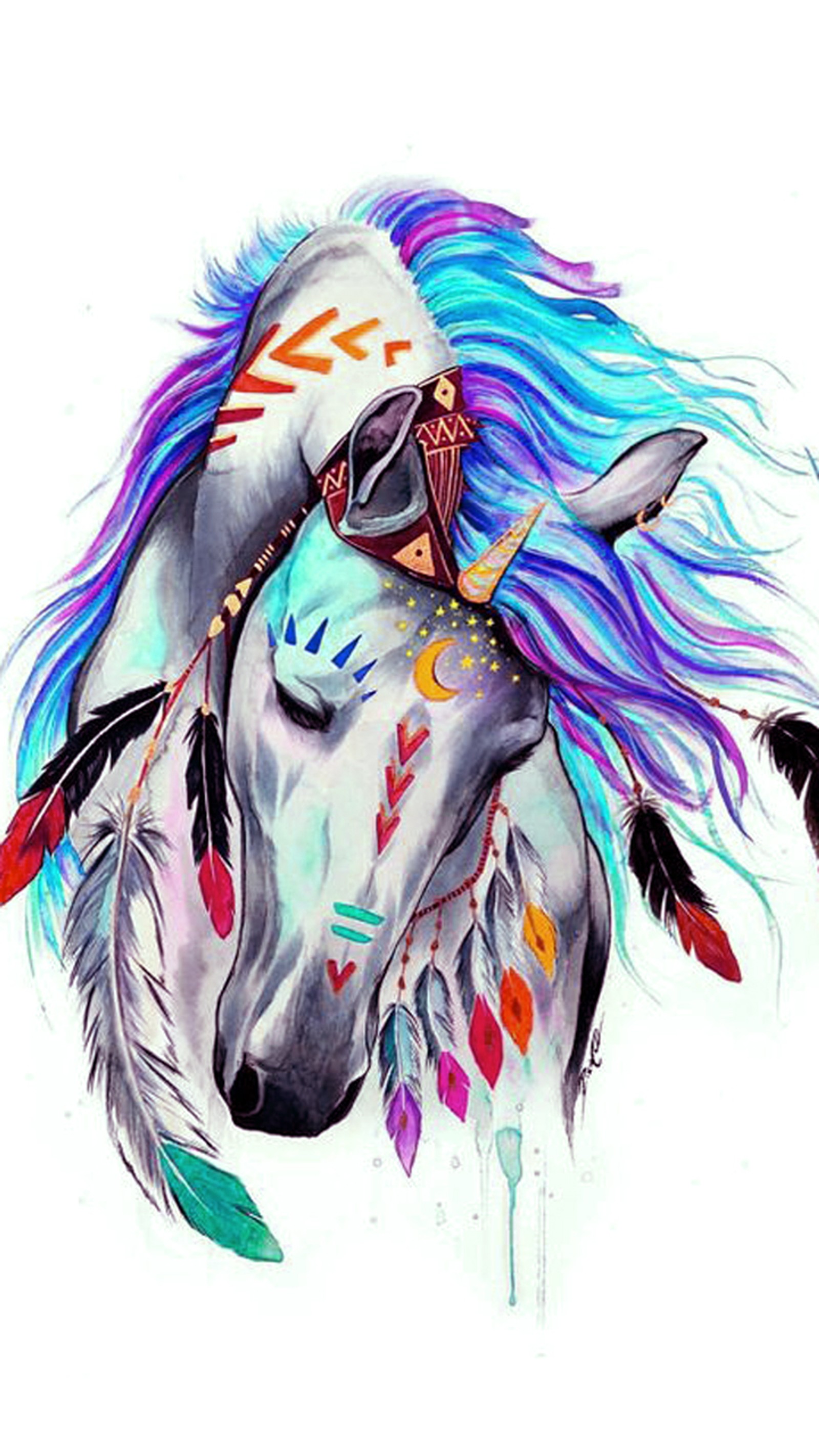 Painting of a horse with a native headdress and feathers (art, feather, horse)