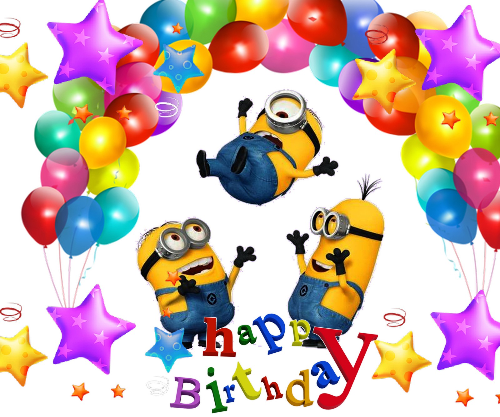 Un grupo de minions volando alrededor de una tarjeta de cumpleaños (globos, amigos, feliz cumpleaños, minions)