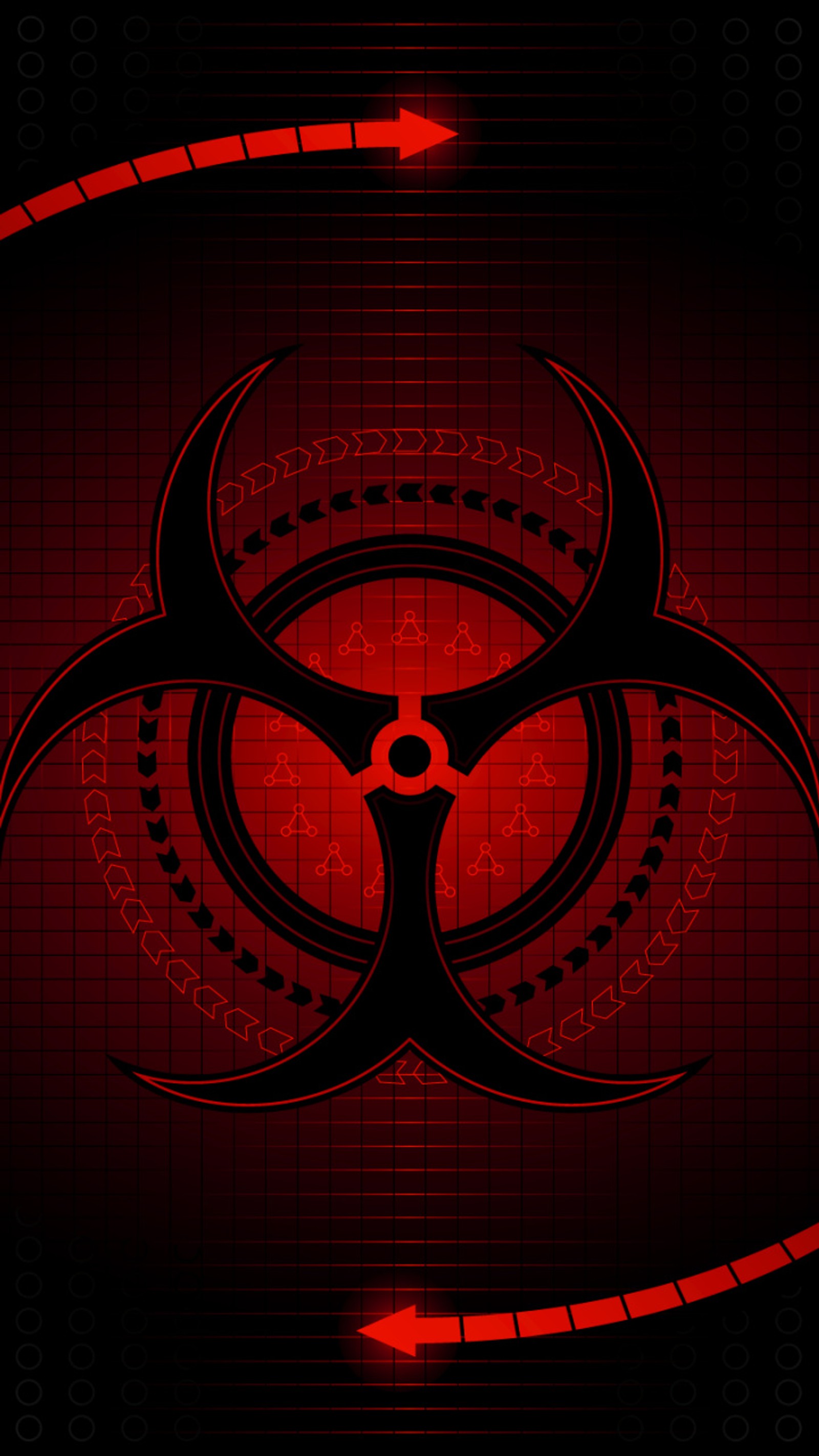 A close up of a red biohazard sign on a black background (biohazard, logo)