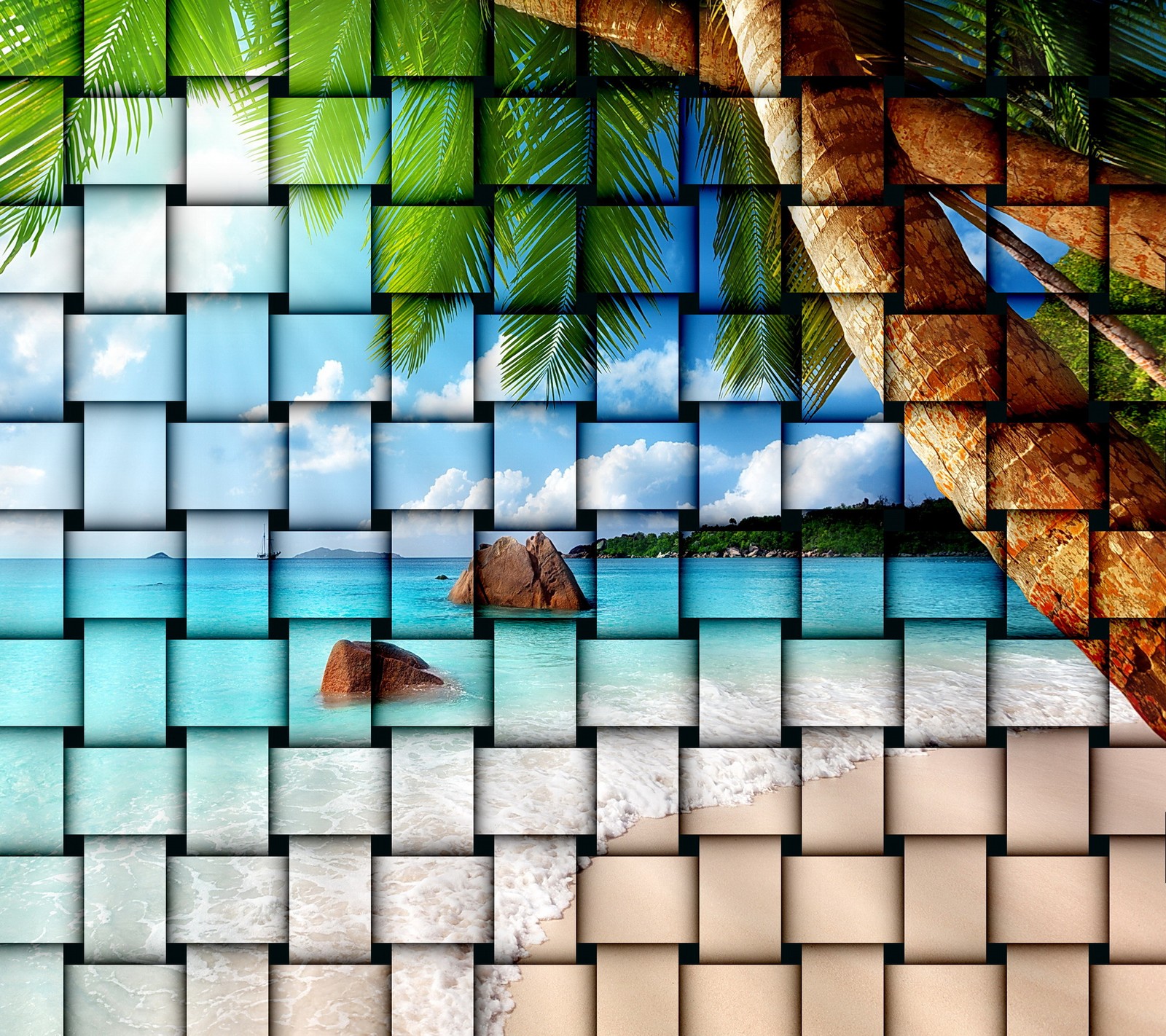 A close up of a picture of a beach with a palm tree (paradise, tropical, twist)