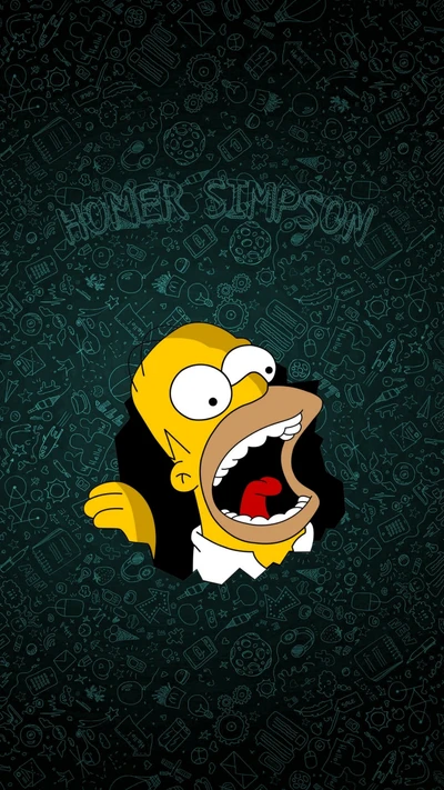 Homer Simpson avec la bouche grande ouverte sur un fond vert rempli de divers gribouillis.