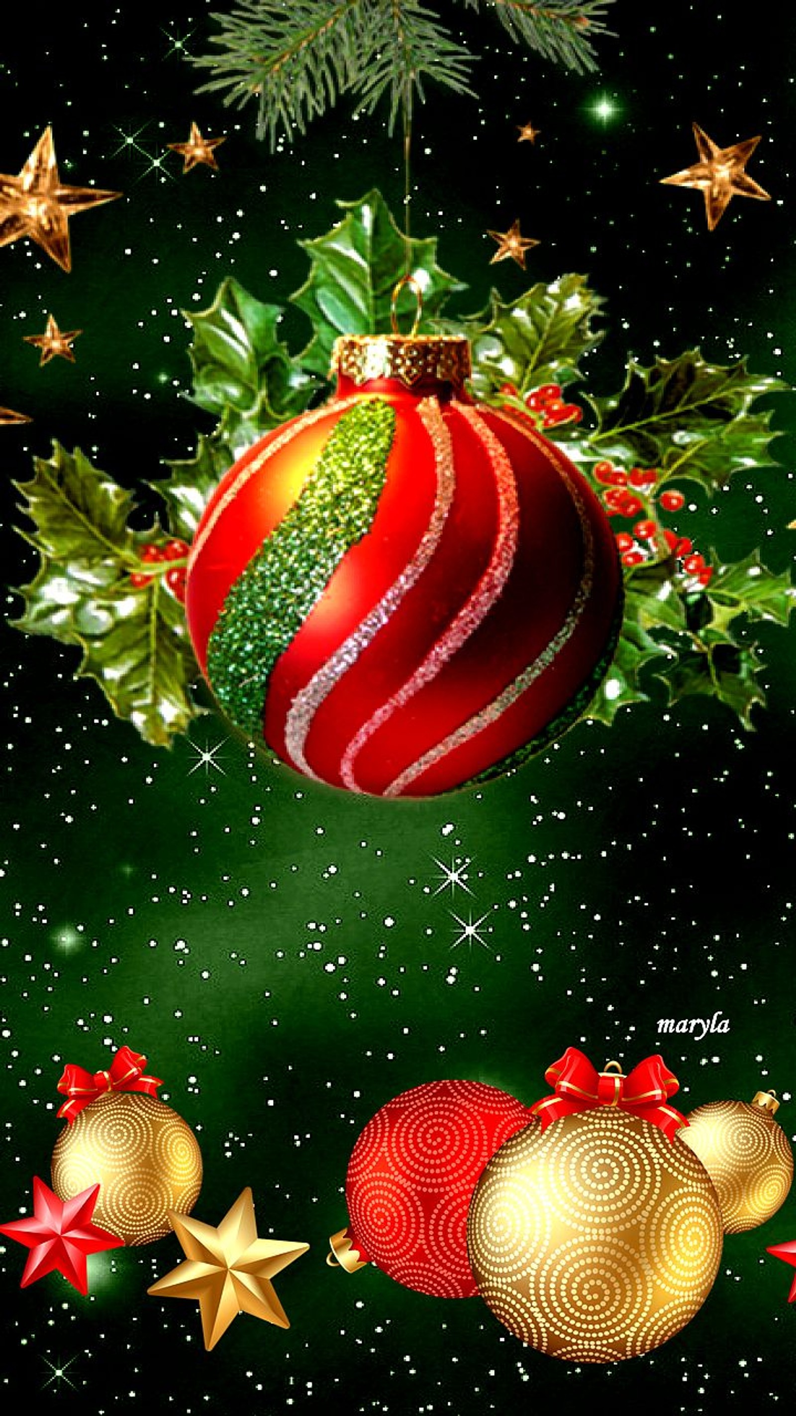 Christmas ornaments and decorations on a green background with stars (baubles, christmas, gold, green, red)