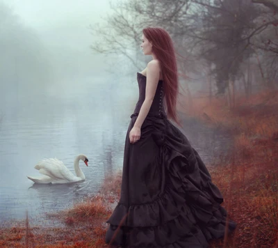 Mystical Elegance: A Woman in a Black Dress by the Water's Edge with a Swan