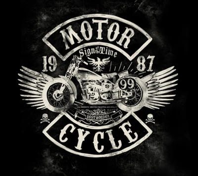 Logotipo de motocicleta vintage com um design de chopper e asas, estabelecido em 1987.