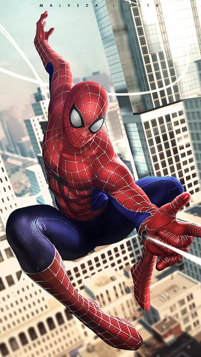 Spider-Man en action contre un horizon urbain