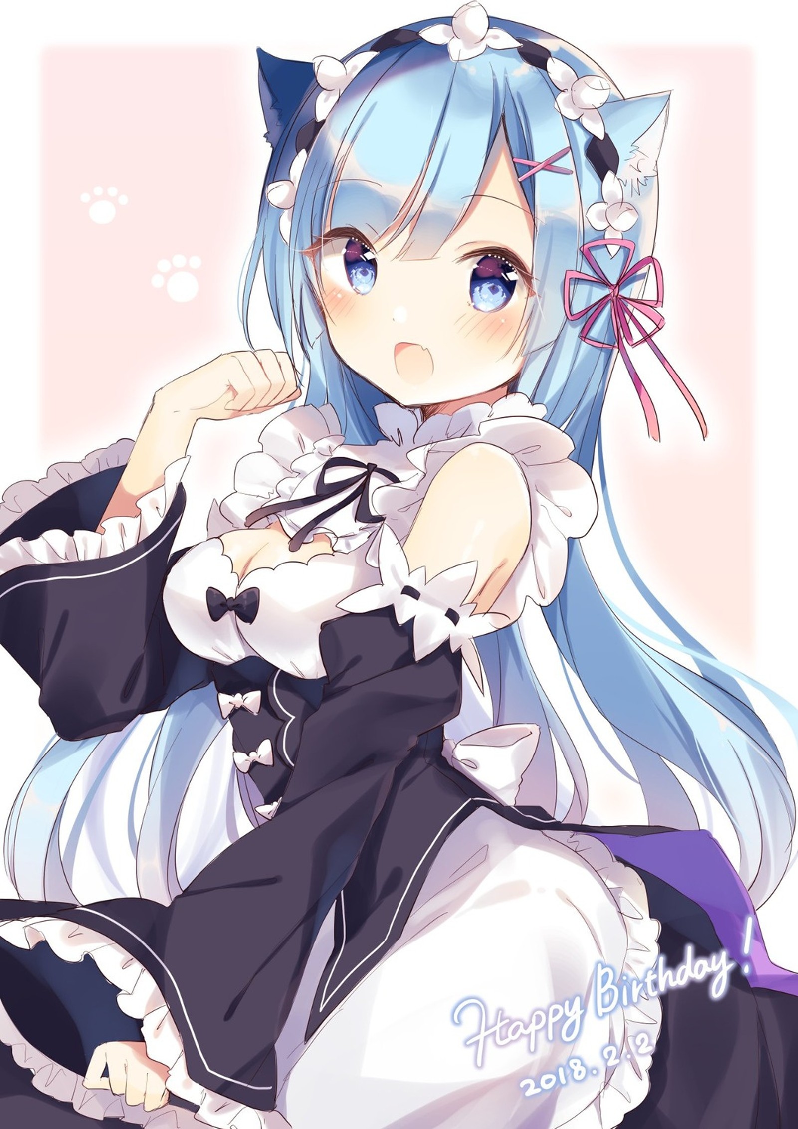 Personagem de anime com cabelo azul e vestido branco segurando um gato (gato, menina, rem)