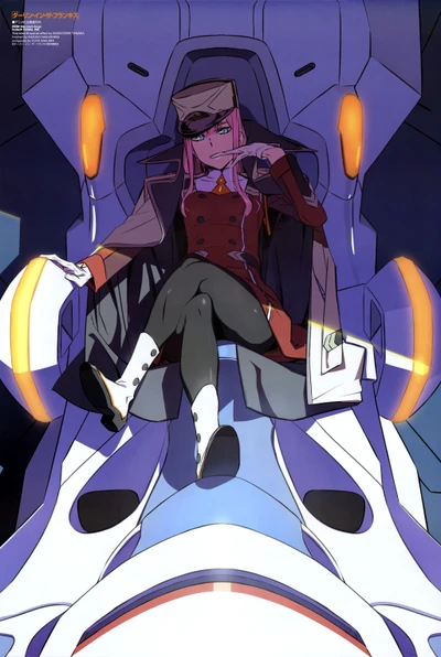 Zero Two seated confidently in a futuristic cockpit, exuding a commanding presence.