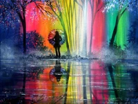 Alone in the Rain: A Girl with a Rainbow Umbrella