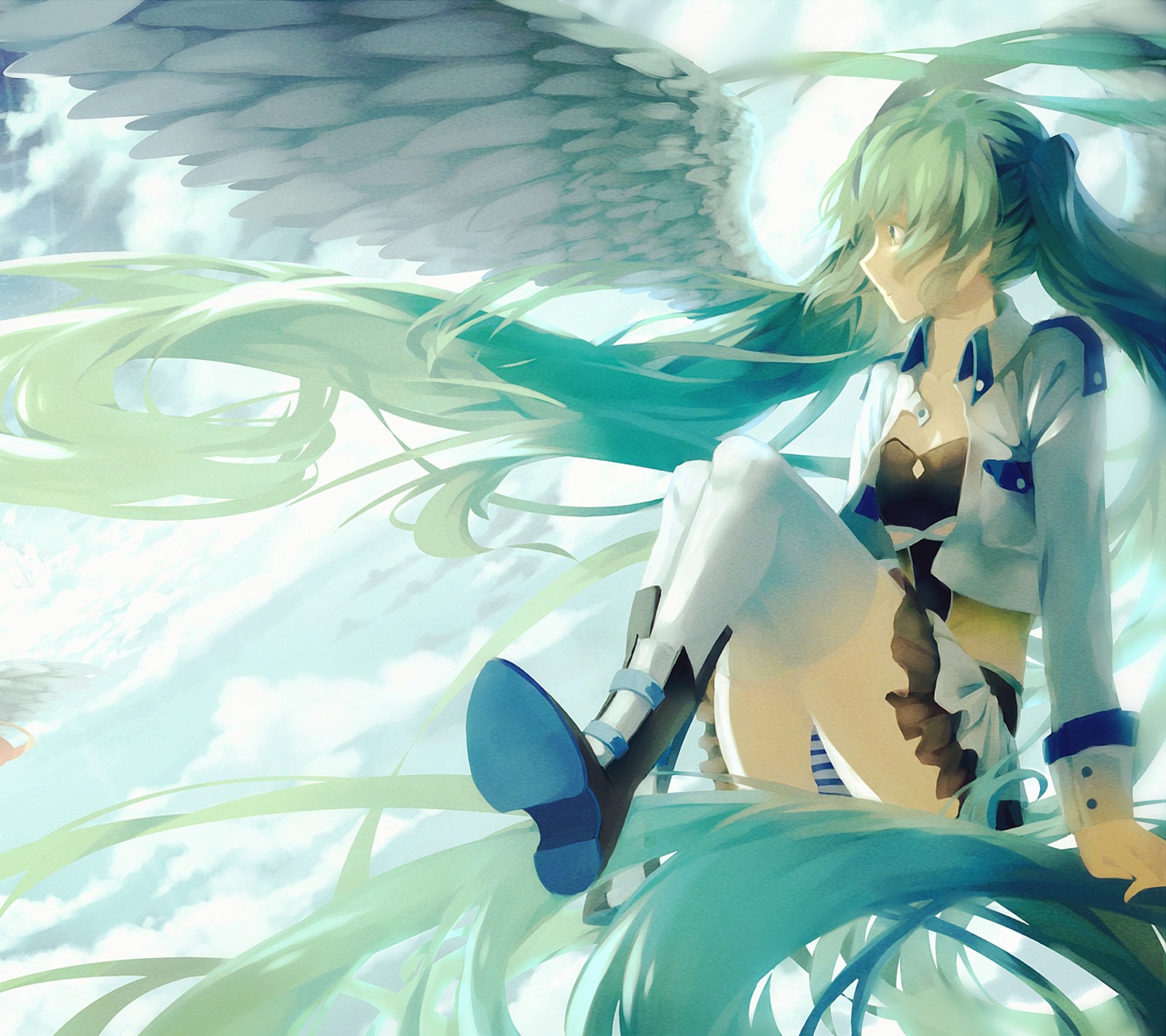 Anime girl with long green hair sitting on a rock (angel, anime, girl, hatsune, miku)