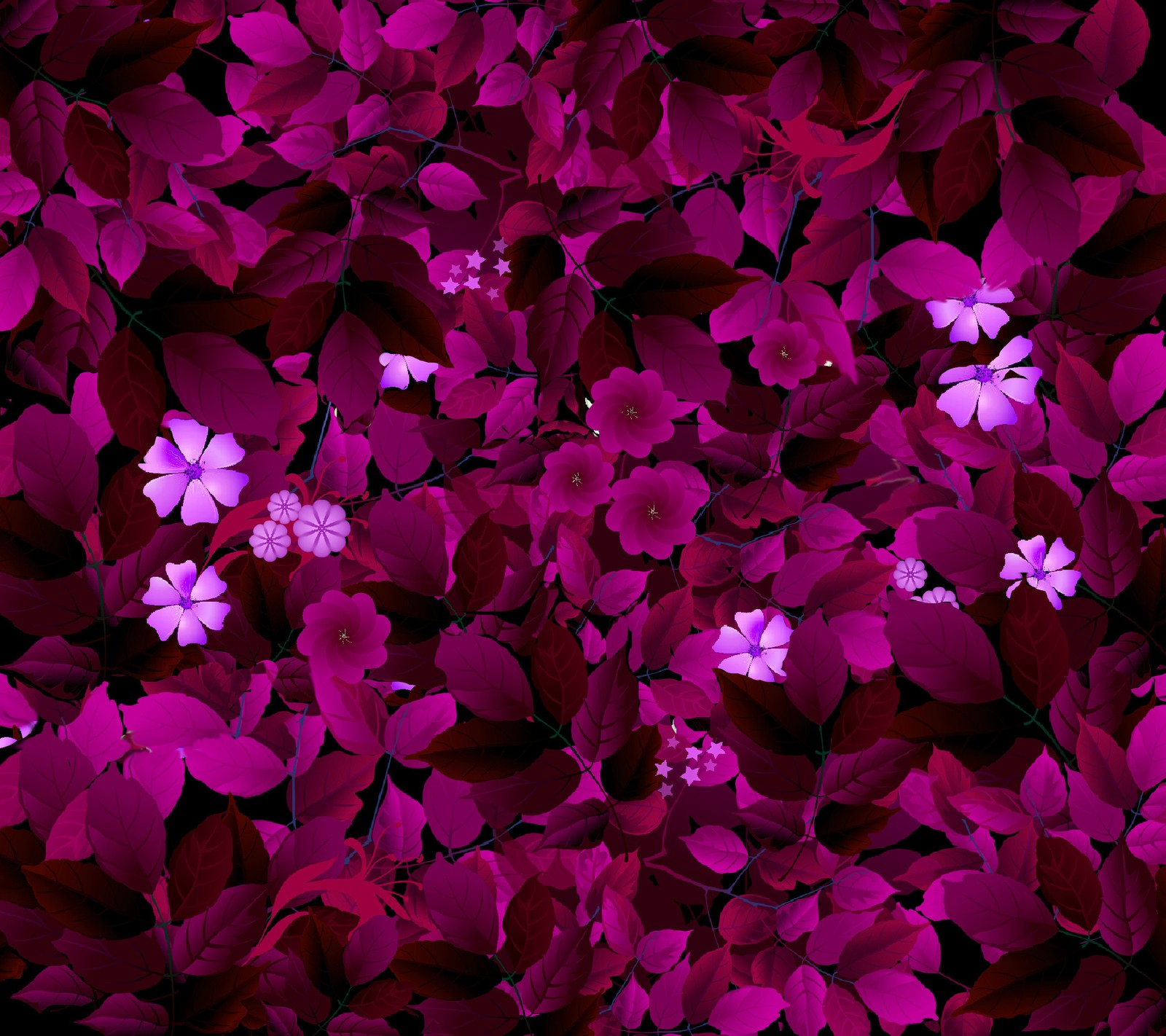 Purple flowers are growing in a bed of red leaves (autum, color, nature)