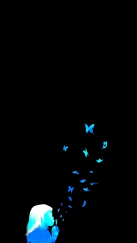 A girl blowing a stream of vibrant blue butterflies into the dark background.