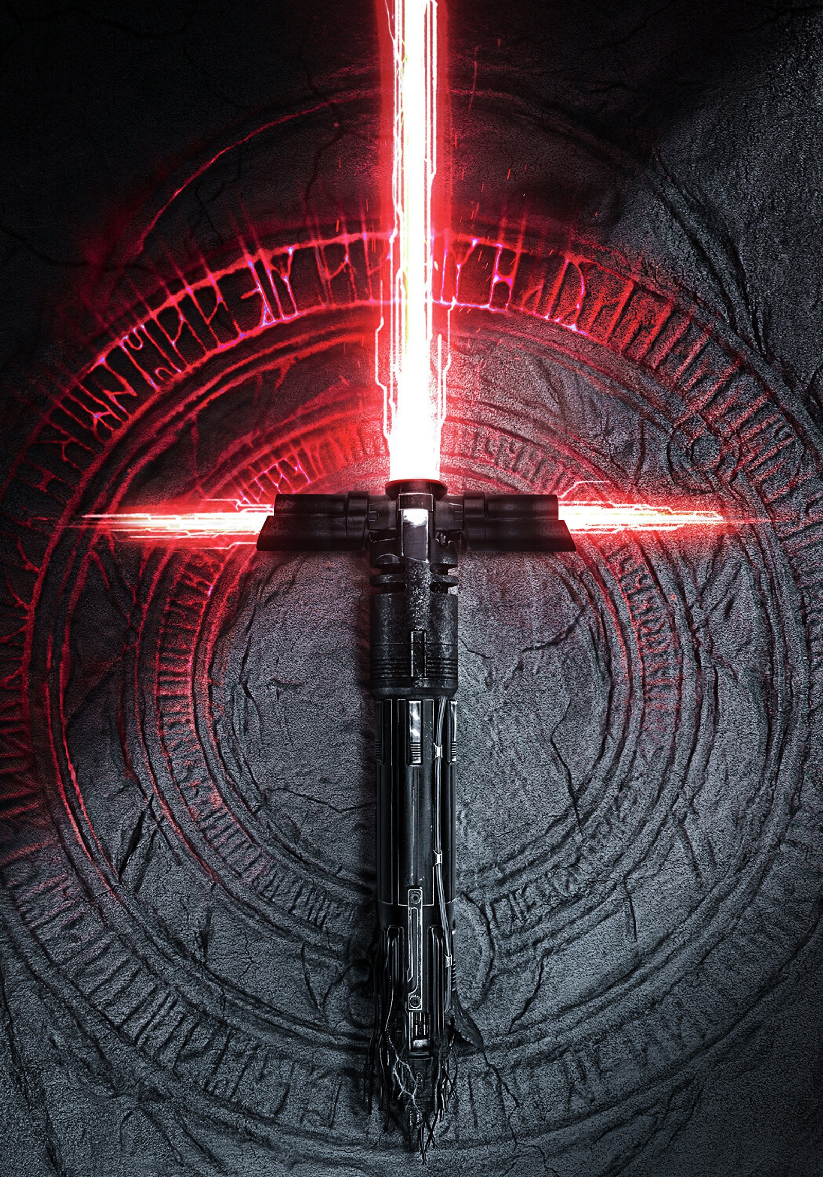 Un primer plano de un cartel de star wars con un sable de luz rojo. (sable de luz, lightsaber, star wars)