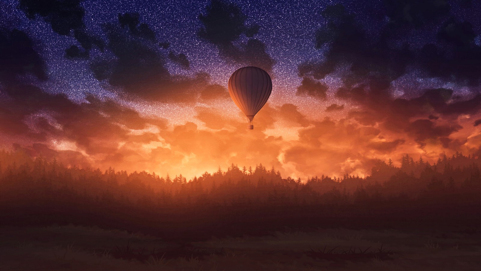 Lade heißluftballon, sonnenuntergang, wald, landschaft Hintergrund herunter