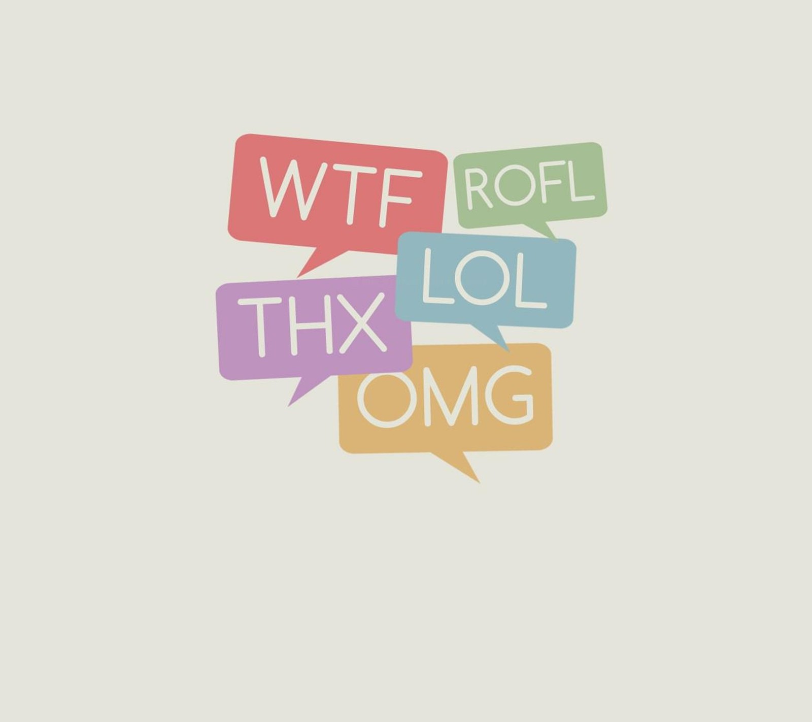 Il y a quatre bulles de dialogue de différentes couleurs avec les mots "wtf roll", "thx lol" (beau, mignon, dessiné, amis, cœur)