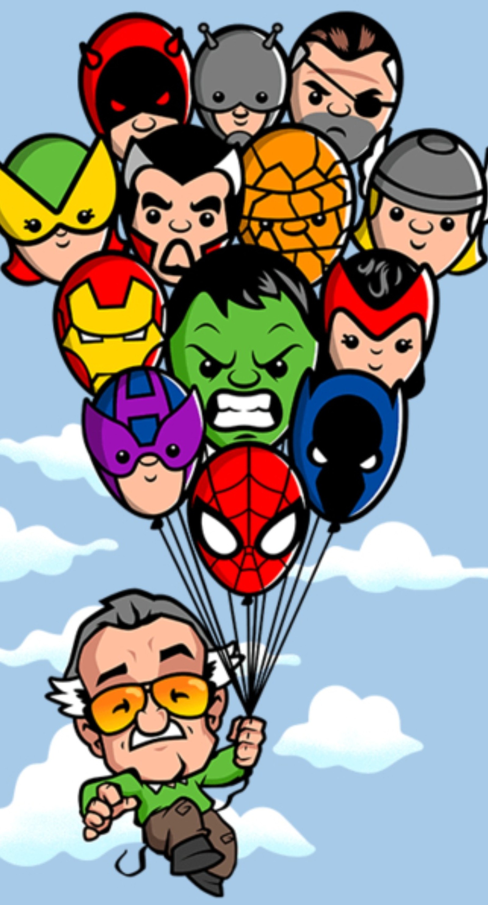 Caricatura de un hombre volando con un montón de globos de superhéroe (marvel, stan)