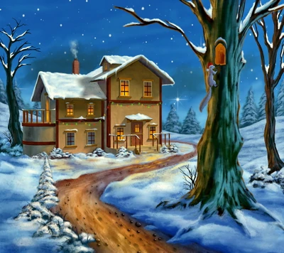 natal, eve, casa, noite, neve