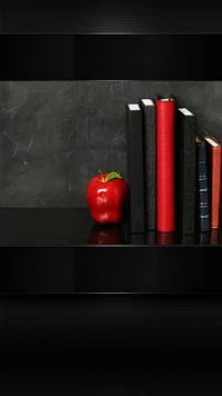 Manzana roja al lado de libros apilados sobre una superficie oscura