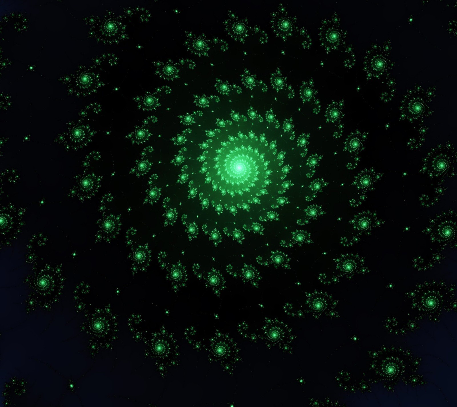 A close up of a spiral of green lights in a dark room (abstract, green, spiral)