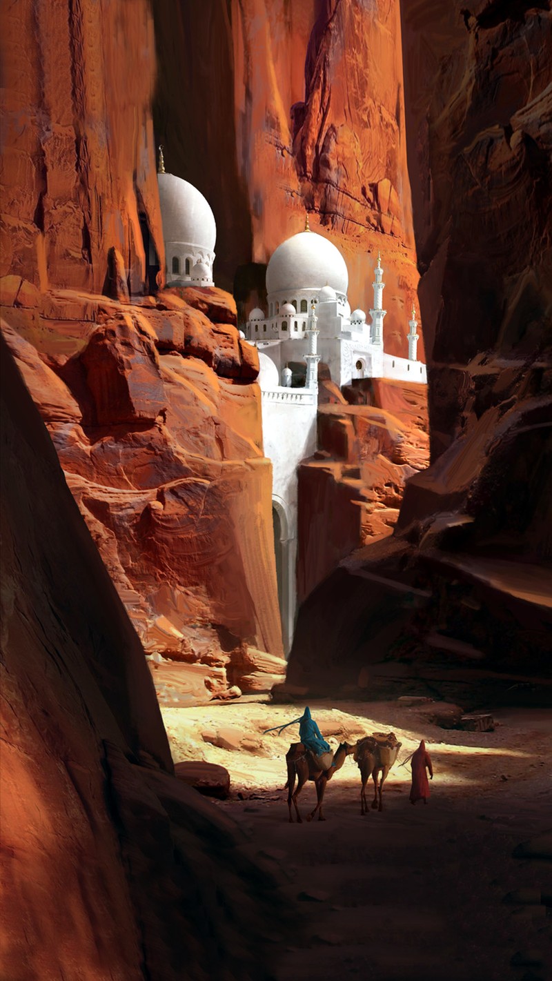 There is a man riding a camel in a desert with a white building (castle, chateau, desert)