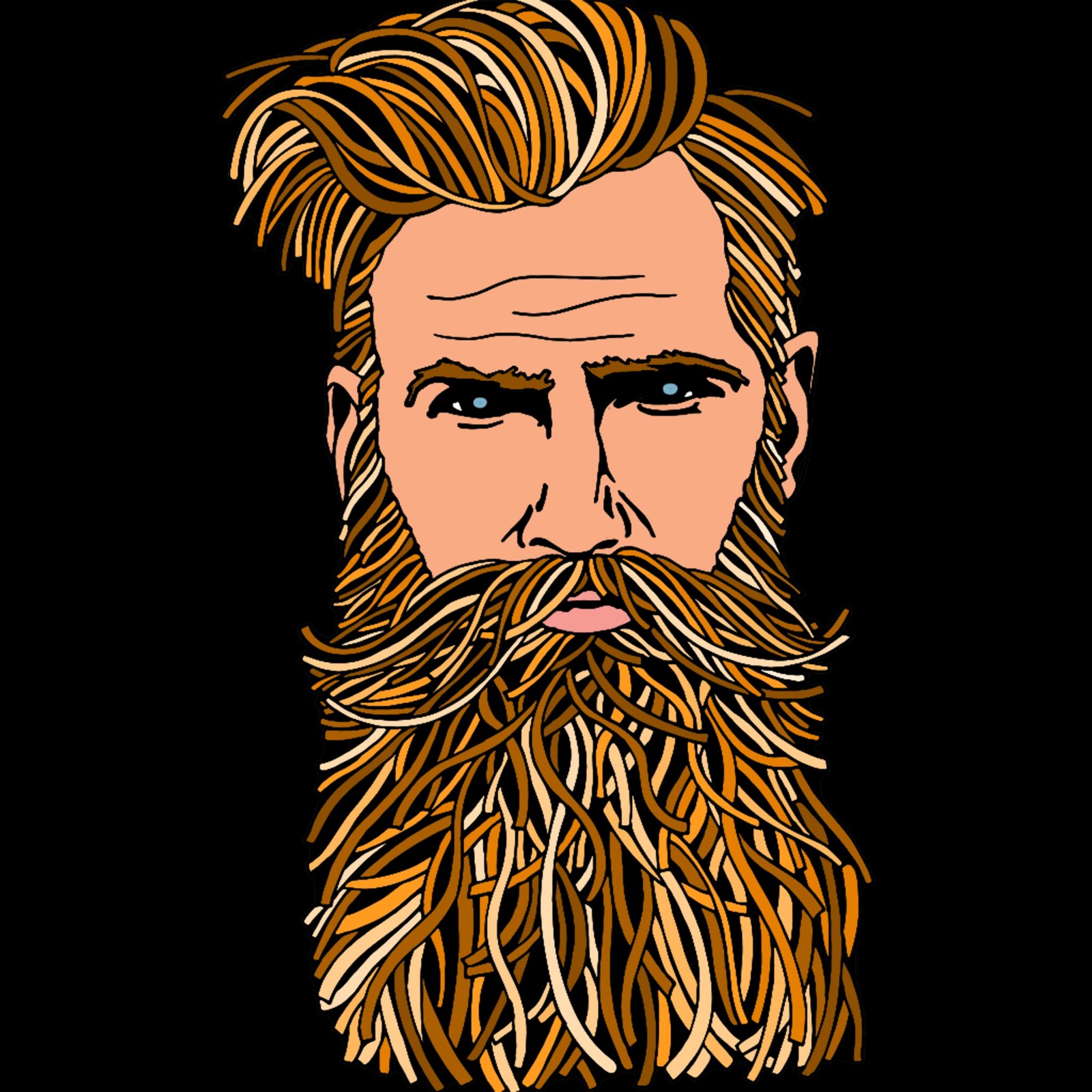 A close up of a man with a beard and a mustache (man, color, colored, art, drawing)