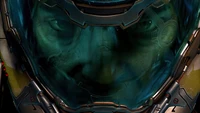 Gros plan intense de Doomguy dans Doom Eternal