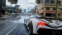 Course de supercar haute performance à travers des rues pluvieuses dans le mod GTA V