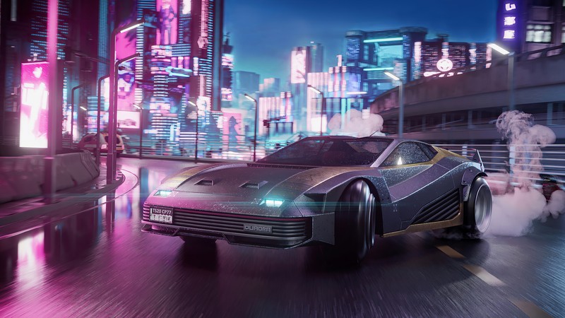 Крупный план автомобиля, движущегося по городской улице ночью (cyberpunk 2077, видеоигра, машина, квадра турбо р, quadra turbo r)