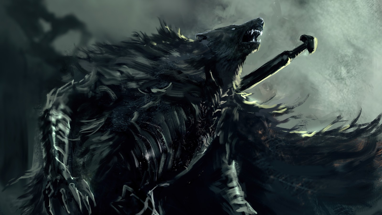 A close up of a wolf with a sword in its mouth (elden ring, video game, art)