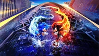 Sonic et Shadow s'affrontent dans un combat dynamique au milieu d'un paysage urbain futuriste